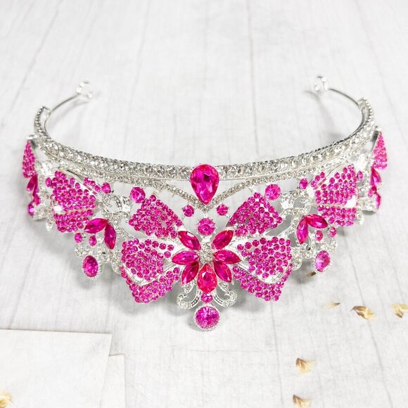 Gold Crystal Crown, Princess Tiara, Hot Pink Gemstone Crown, Quinceanera Crown - Picture 6 of 10